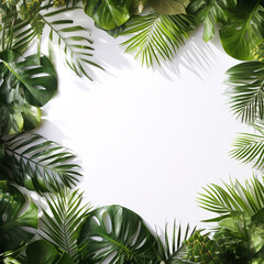 Framing border with tropical leaves arrangement and leave shadow on white background backdrop and copy space.