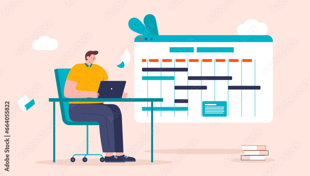 Poster work week tasks - busy person in office working on laptop at desk planning and managing calendar wit