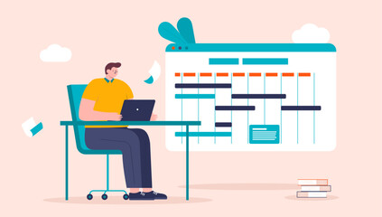 Work week tasks - Busy person in office working on laptop at desk planning and managing calendar with various chores and deadlines. Flat design vector illustration