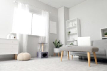Blurred view of light living room with sofa and soft bench