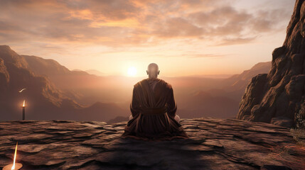 Fototapeta na wymiar monk meditating on top of a mountain Generative AI