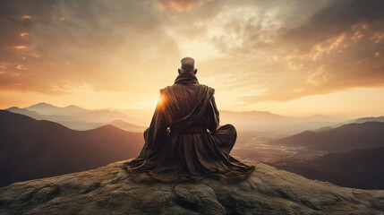 monk meditating on top of a mountain Generative AI - obrazy, fototapety, plakaty