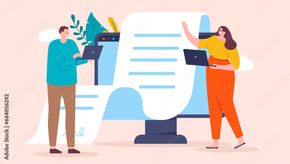 Fototapete computer business document - people in office working with long paper text file report or contract c