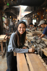 Portrait of a carpenter woman working in a workshop. - obrazy, fototapety, plakaty