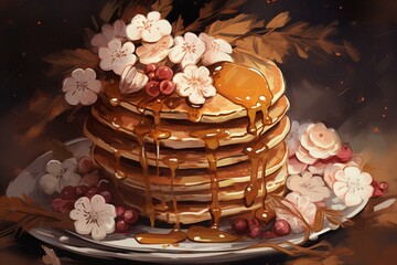 An artwork depicting a pile of pancakes adorned with syrup and floral decorations. Generative AI