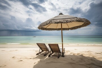 Tropical paradise beach with wooden chairs, straw umbrella - serene island getaway. Generative AI