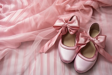 Fototapeta na wymiar zapatillas tipo bailarina con lazos de color rosa con fondo de tejido de rayas rosas y blancas 