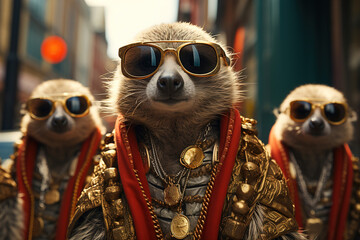 A group of meerkats wearing sunglasses and clothing