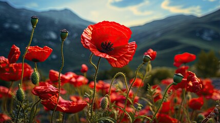 Obraz premium a field full of red flowers with mountains in the background. generative ai