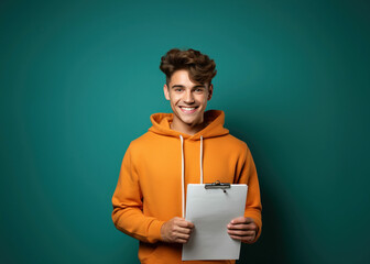 Young man with a sweater in a plain background  with a clipboard in his hands