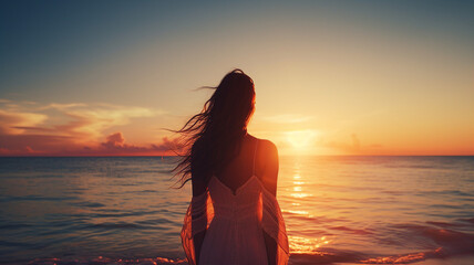 Happy woman, dreamer, sunset sky and sea