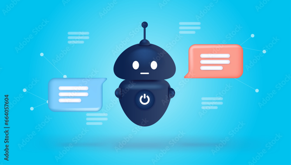 Poster Chatbot character talking and chatting with speech bubbles. Semi flat vector illustration on blue background