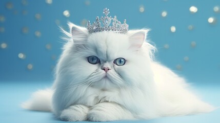 Fototapeta premium A regal white Persian cat posing on a baby blue background