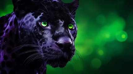  A stunning black panther with captivating green eyes in a deep forest setting. © Leah