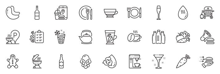 Icons pack as Cocktail, Ice cream and Restaurant food line icons for app include Champagne glass, Recycle water, Food app outline thin icon web set. Burger, Coffee cup, Carrot pictogram. Vector - obrazy, fototapety, plakaty