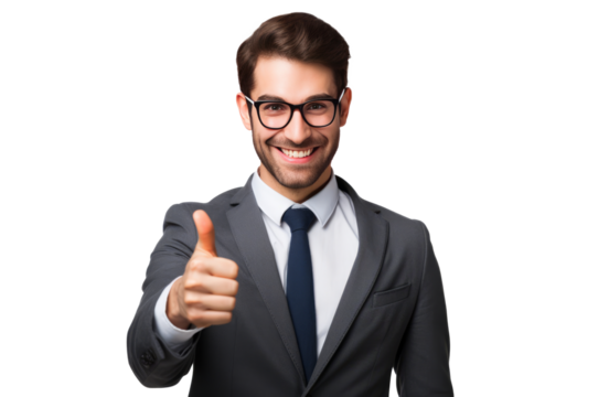 Cheerful Businessperson shows thumbs up isolated in transparent background - Powered by Adobe