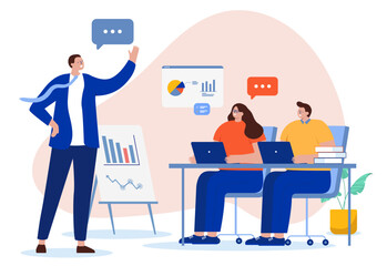 Business course and training - People sitting at desk in meeting listening to businessman lecturer talking and teaching. Flat design cartoon vector illustration with white background
