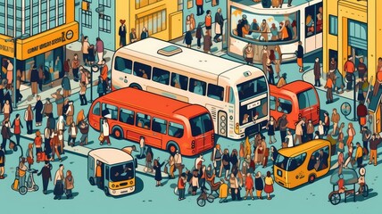 Obraz premium image representing buses, showcasing a city bus, bus stops, and people boarding or disembarking