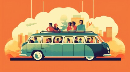 carpooling or ride-sharing, featuring multiple individuals sharing a ride for commuting or travel