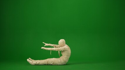 Green screen isolated chroma key photo capturing a mummy rising from the ground with its arms...