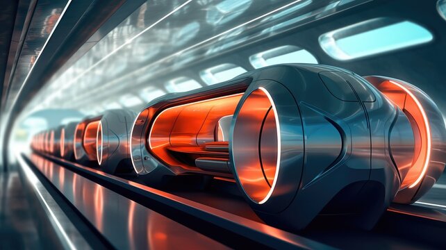 hyperloop transportation system, showcasing high-speed capsules or futuristic tube-based transportation