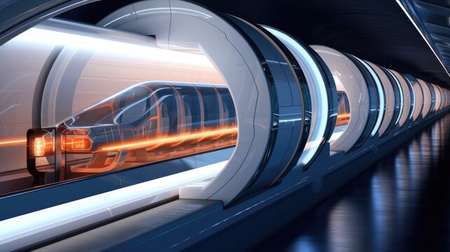 hyperloop transportation system, showcasing high-speed capsules or futuristic tube-based transportation