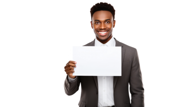 Smiling business man holding blank paper sheet banner. Free copy space