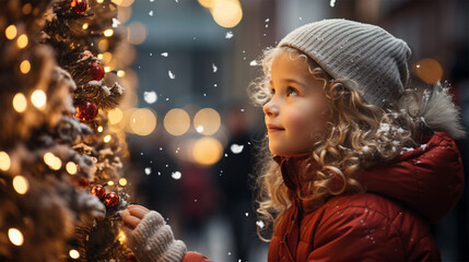 a girl in a light hat and coat looks at a large Christmas tree decorated with balls and garlands.holiday and Christmas concept