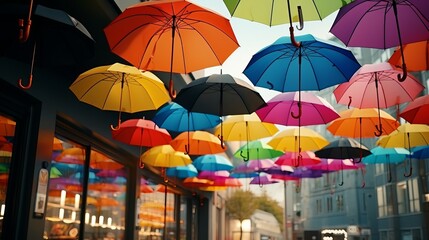 Fototapeta na wymiar Rainbow Umbrellas Showcase a Colorful Street Scene 