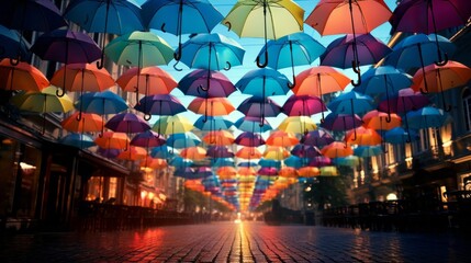 Fototapeta na wymiar Rainbow Umbrellas Showcase a Colorful Street Scene