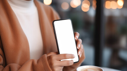  Mockup image of a woman holding and using mobile phone with blank desktop screen