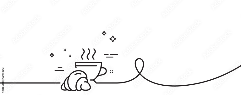 Poster croissant line icon. continuous one line with curl. coffee cup with bun sign. bakery or boulangerie 