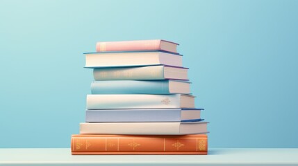A stack of books on a pastel blue background with a neat arrangement.