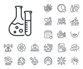 Laboratory flask sign. Online doctor, patient and medicine outline icons. Chemistry lab line icon. Analysis symbol. Chemistry lab line sign. Veins, nerves and cosmetic procedure icon. Vector