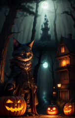 witchy cat with pumpkins