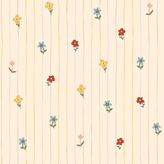 Cute hand drawn ditsy seamless pattern, pin stripes, colorful floral background, great for textiles, fashion, kids, wallpapers, wrapping - vector design