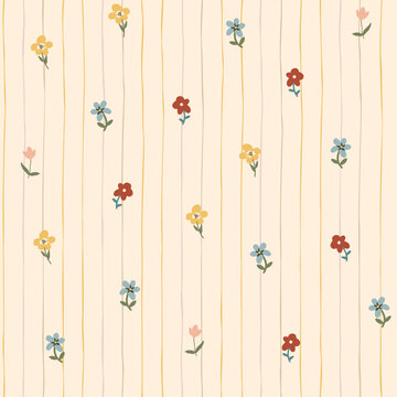 Cute hand drawn ditsy seamless pattern, pin stripes, colorful floral background, great for textiles, fashion, kids, wallpapers, wrapping - vector design