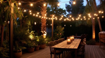 Fototapeta na wymiar Outdoor string lights creating a magical and enchanting atmosphere in gardens, patios, and outdoor event spaces