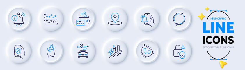 Security app, Card and Journey line icons for web app. Pack of Pin, Full rotation, Consumption growth pictogram icons. Brand ambassador, Dot plot, Cyber attack signs. Information bell. Vector