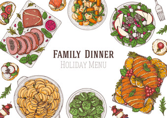 Family dinner. Holiday menu. Food design template. Cartoon style background. Food and drink set. Hand drawn design template.