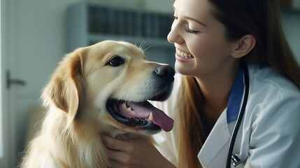 Female veterinarian examining dog