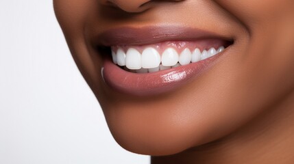 Beautiful black woman smiling with her healthy white teeth, close up of lower part of a dark skin beauty's face, concept of healthy teeth, oral product advertisement. - Powered by Adobe