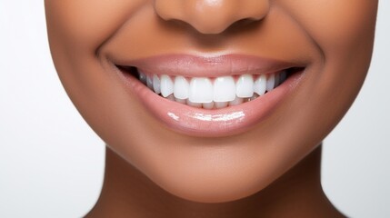 Fototapeta premium Beautiful black woman smiling with her healthy white teeth, close up of lower part of a dark skin beauty's face, concept of healthy teeth, oral product advertisement.
