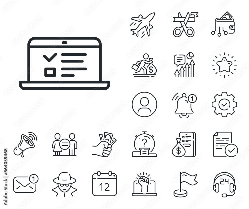 Poster notebook or laptop sign. salaryman, gender equality and alert bell outline icons. online education l