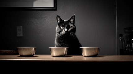 Cute tabby cat making choice from 3 food bowls in front of it on vintage kitchen background,...
