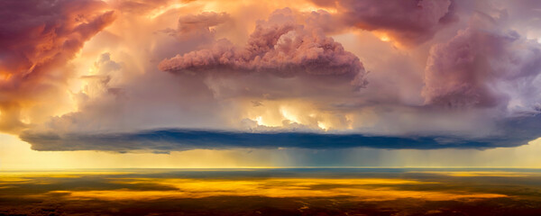 Fototapeta premium An awe-inspiring cloudscape with storm clouds and dramatic lighting, perfect for illustrating the beauty of nature, meteorological presentations, and climate-related articles..