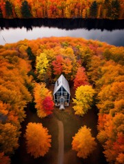 Obraz premium Single house surrounded by colorful autumn forest, aerial view captures the fall colors landscape.
