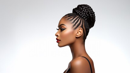 portrait of beautiful african american woman with curly long braids and bun, side portrait of attractive african woman with braids, isoalted on white background. - Powered by Adobe