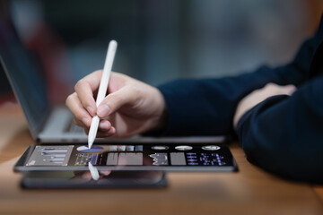 Businessmen read online business statistics chart reports to analyze and improve corporate strategies. Company growth information Business insights management Manage financial and marketing documents