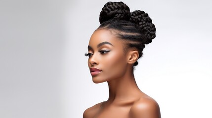 portrait of beautiful african american woman with curly long braids and bun, side portrait of attractive african woman with braids, isoalted on white background.